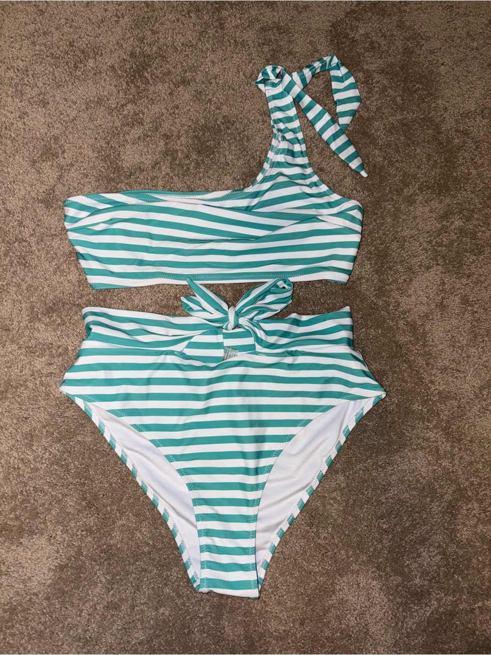 Women’s Green and White Stripe One-Shoulder Bikini Set